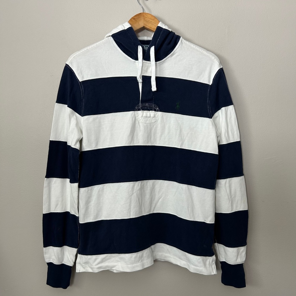 Polo Ralph Lauren Rugby Hoodie Mens Medium Navy White Striped Long Sleeve Cotton - Picture 2 of 9